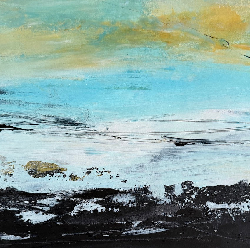 coastal painting in blues, ochre and black showing a rocky shoreline