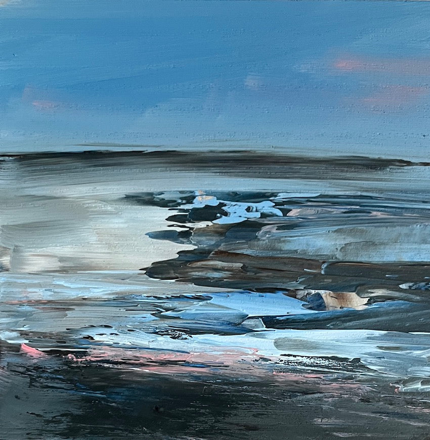 seascape painting at low tide with rockpools and winter light by artist Maggie Cochran