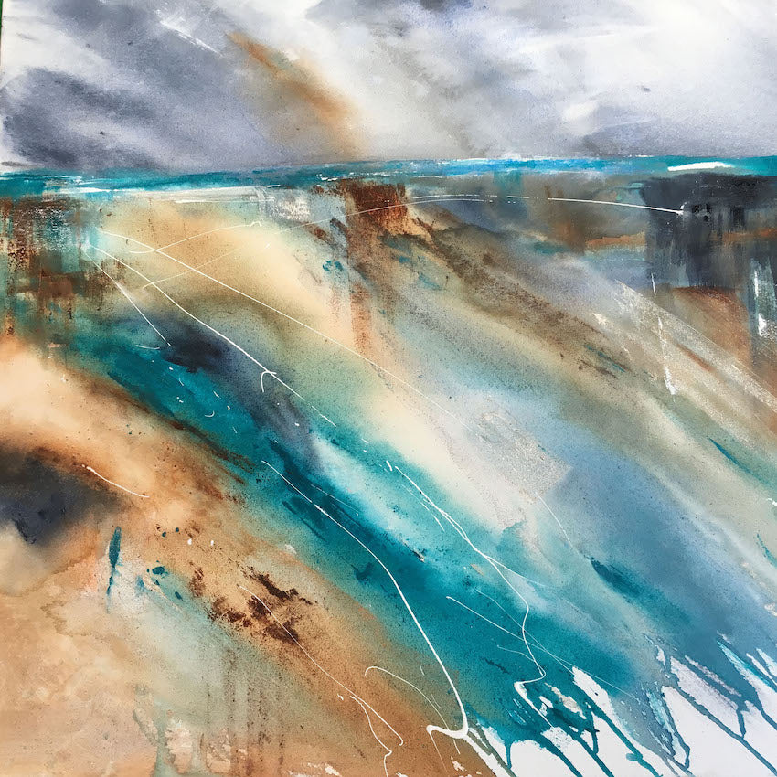 coastal art painted at Marazion in Cornwall. Abstracted and full of energy.  Turquoise and earth colours by Maggie Cochran