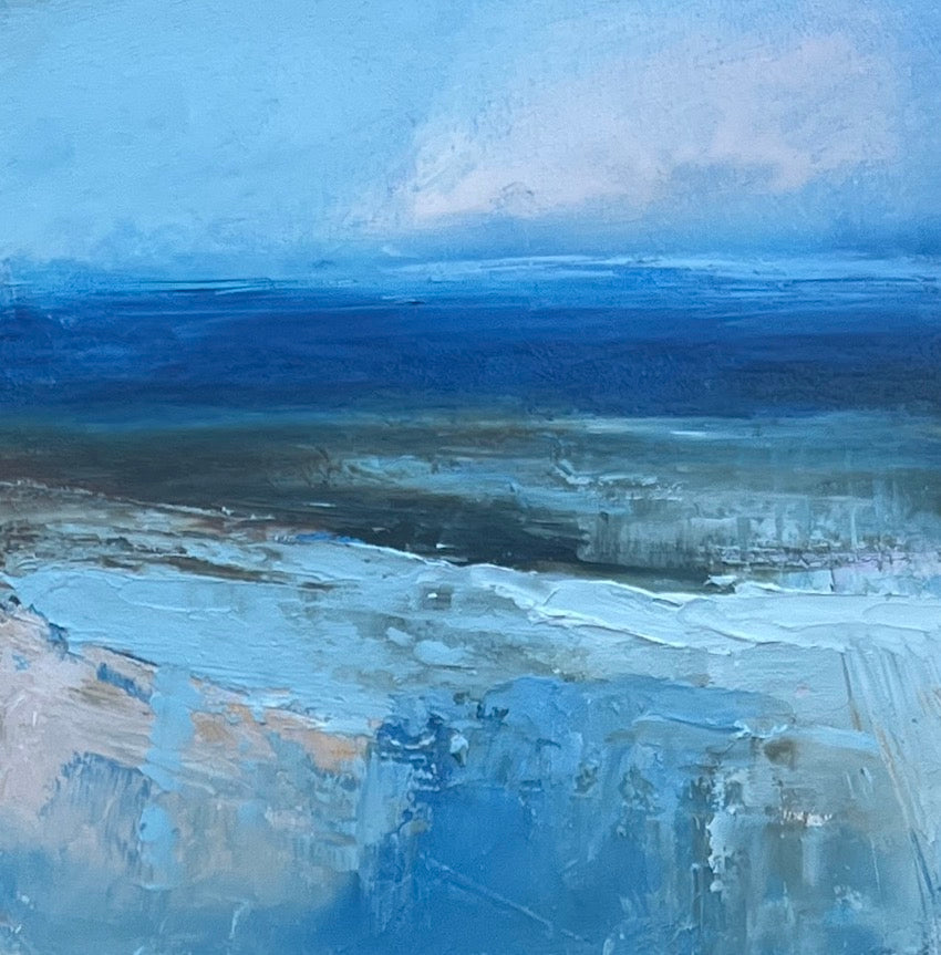 oil and cold wax abstract coastal landscape in blues and pinks