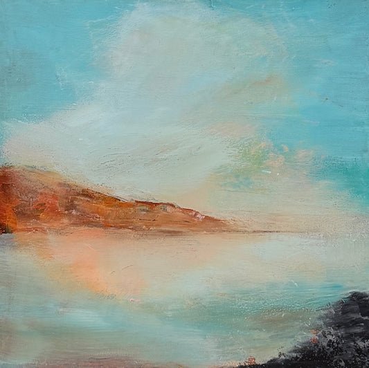 An impressionistic landscape painting by Maggie Cochran featuring a calm body of water under a soft blue sky, with a warm brown hillside on the left and dark silhouetted rocks in the lower right corner.