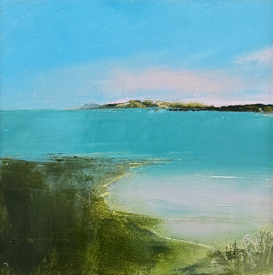 soft pink evening light over cornish coast oil painting by Maggie Cochran