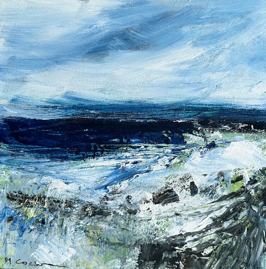 windblown waves and seaspray in this energy fuelled coastal painting by artist Maggie Cochran